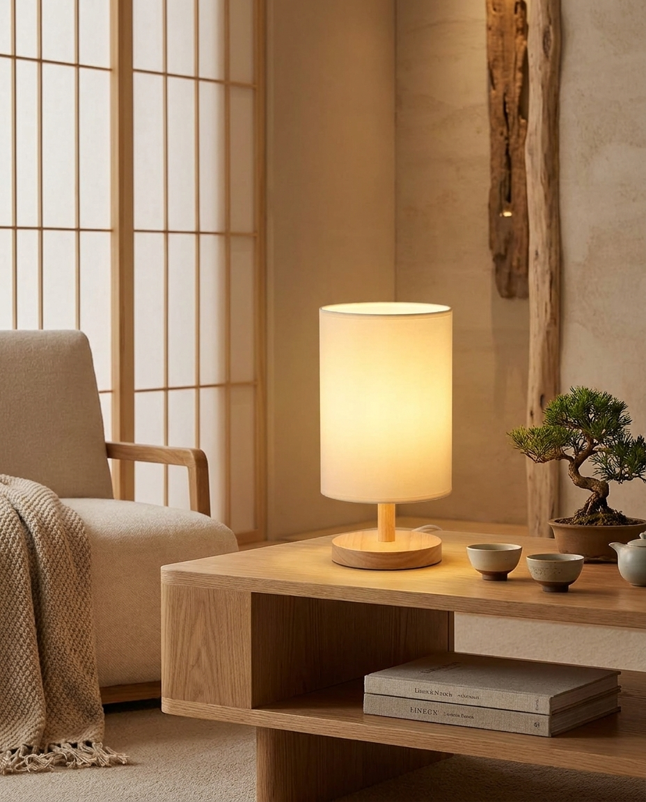 Japanese-style cylinder table lamp with fabric shade on a living room side table