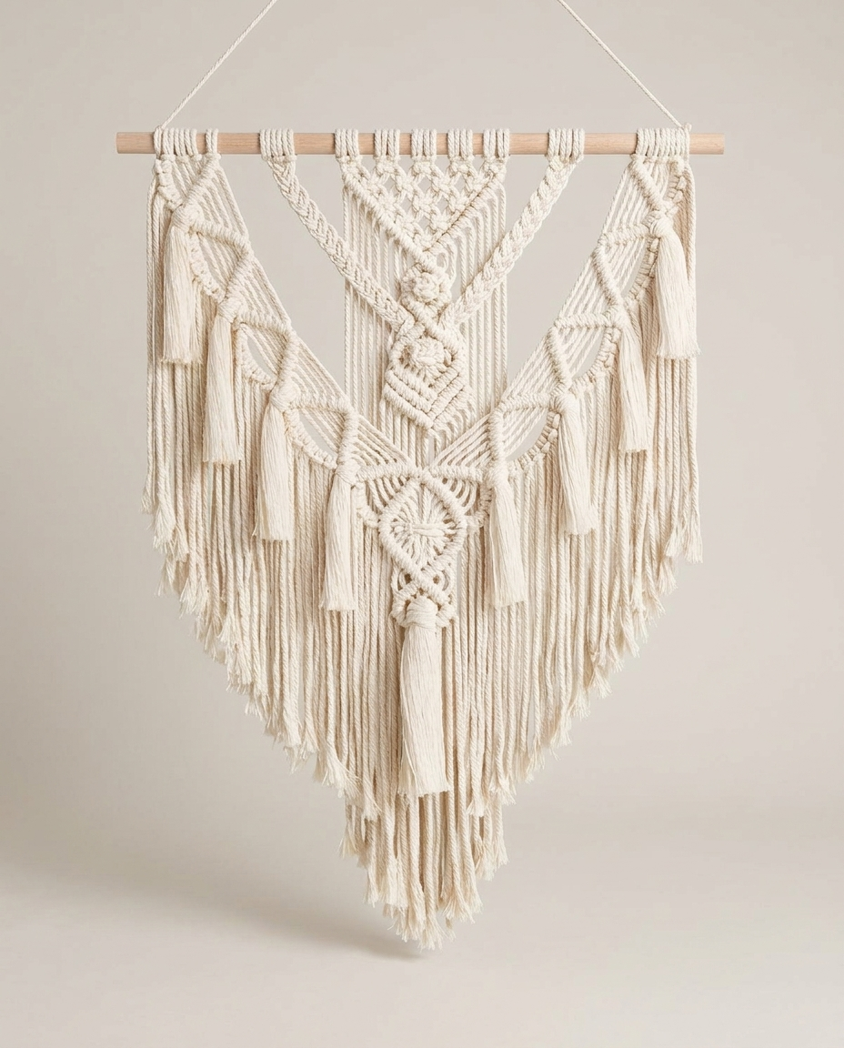 Macramé wall hanging on a clean light neutral studio background