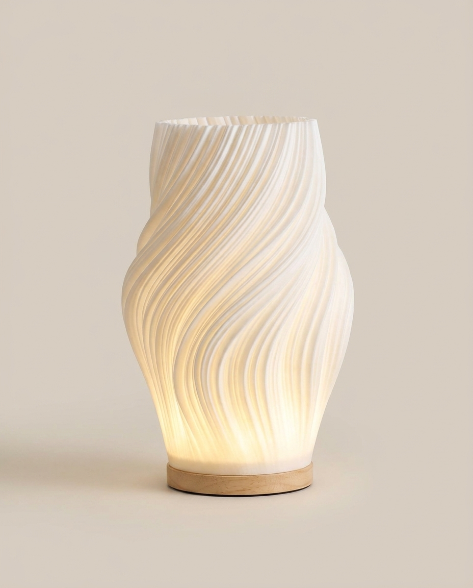Modern wave LED table lamp isolated on a clean neutral studio background
