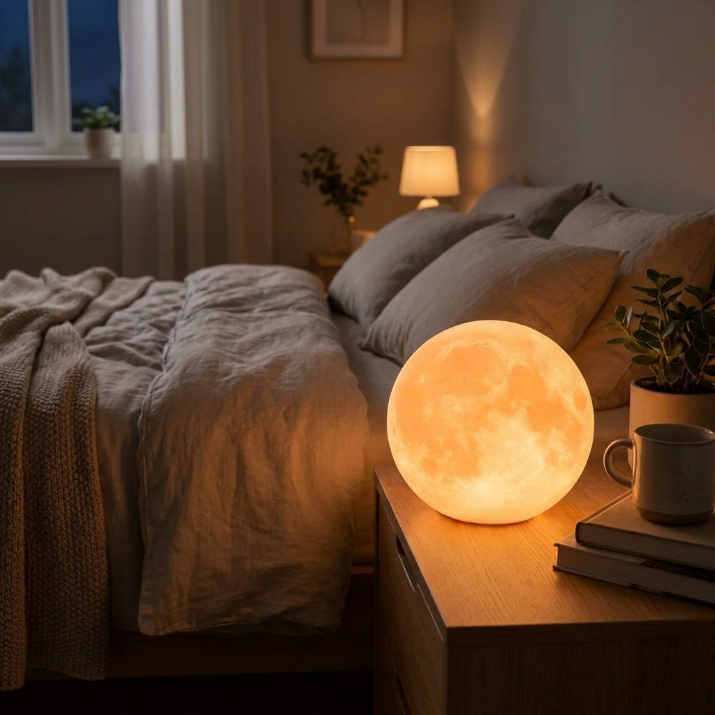 Moon lamp glowing on bedside nightstand