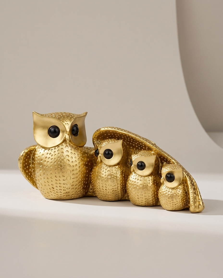 Owl family resin figurine on a plain background