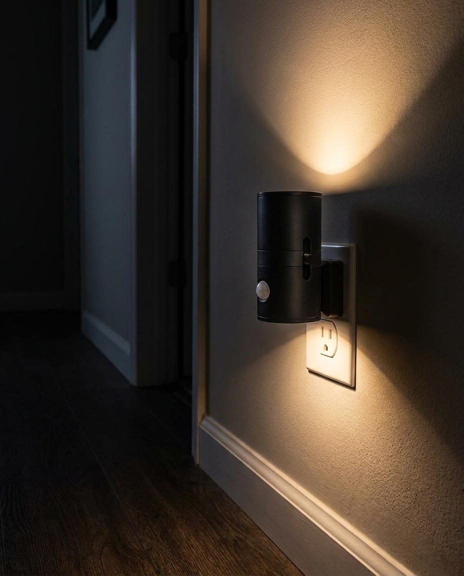 Plug-in LED night light with dusk-to-dawn sensor glowing in a dark hallway