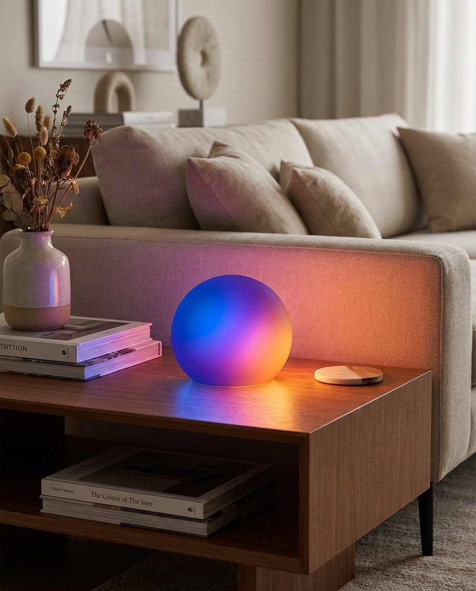Portable table lamp with colourful LED glow on a modern living room side table
