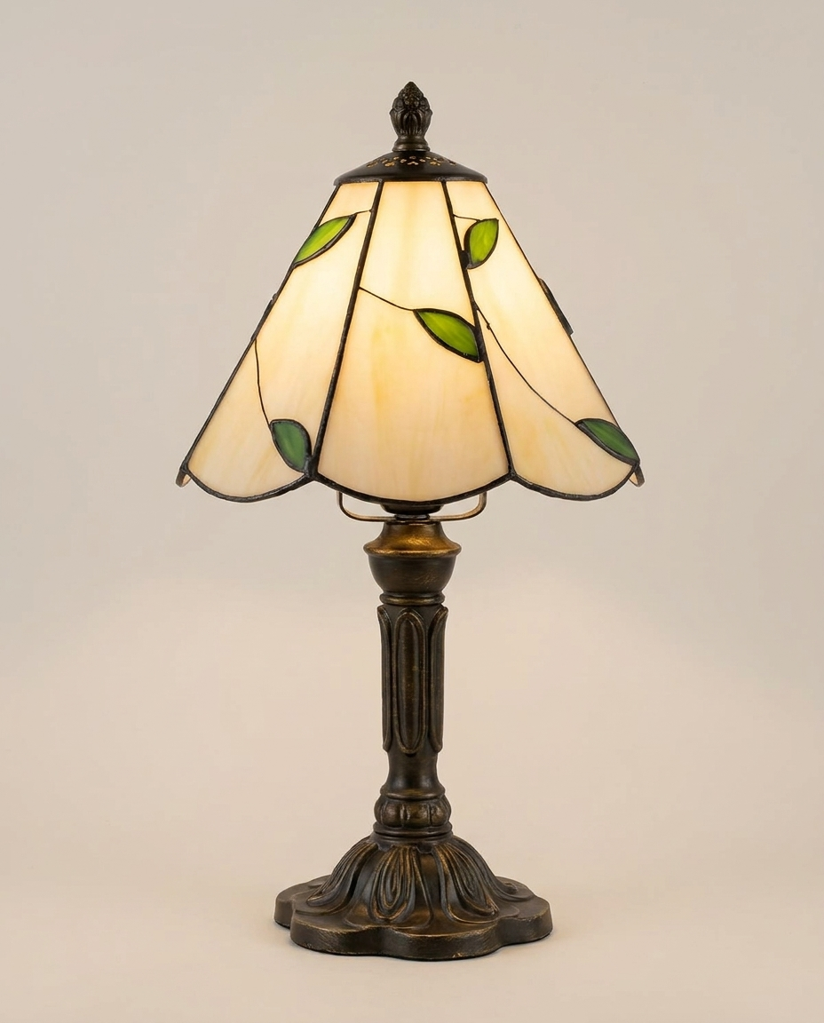 Retro Tiffany glass table lamp on a clean light neutral studio background