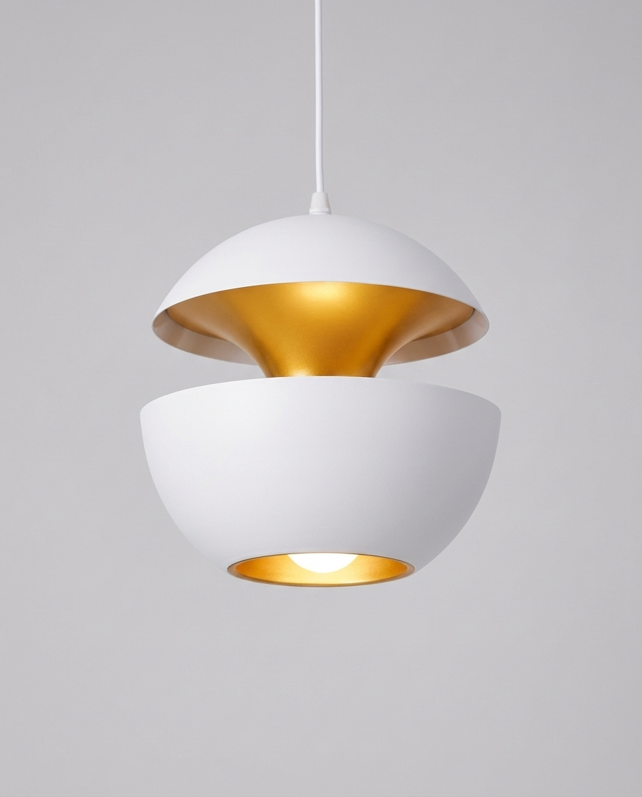 Round metal pendant light on a plain background