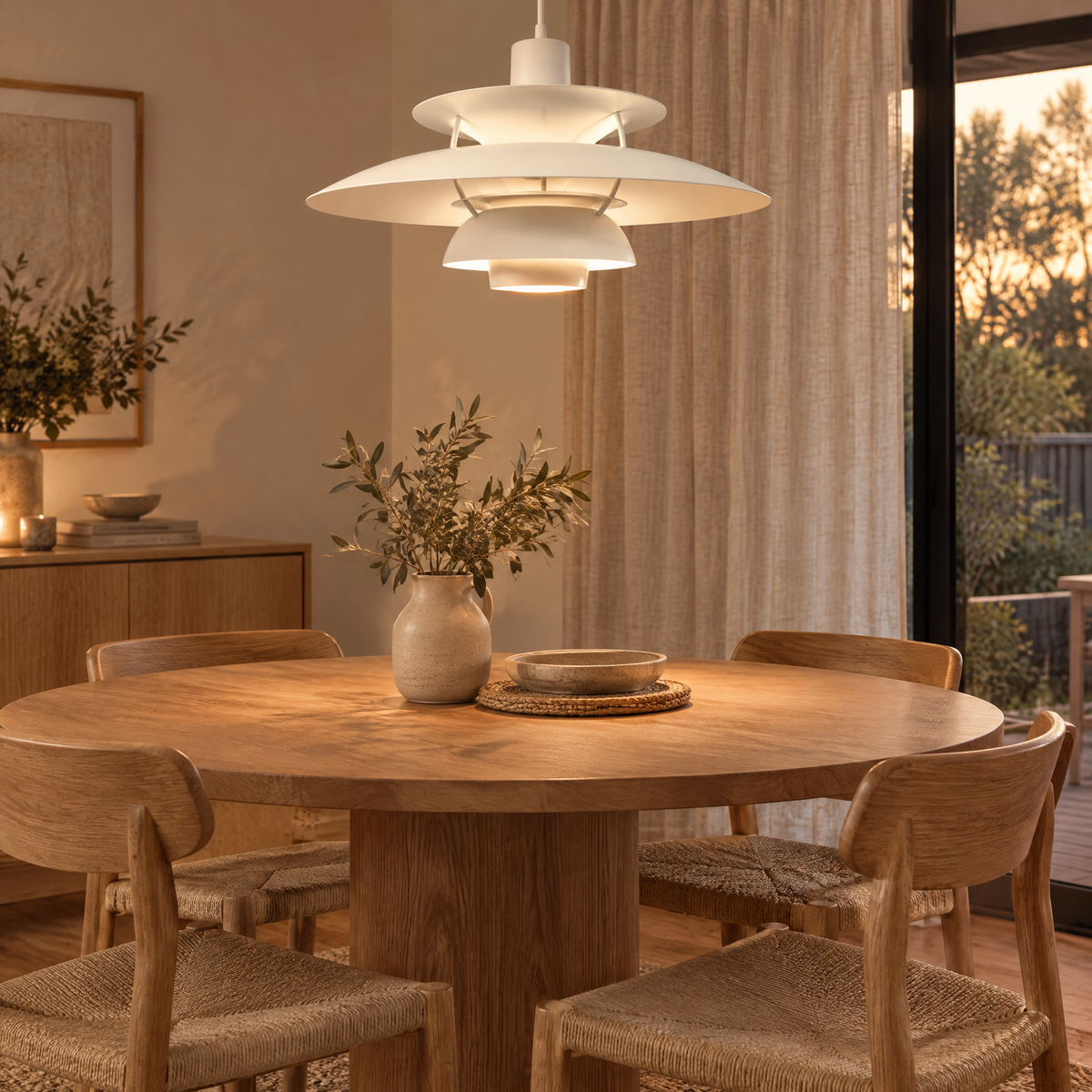 White umbrella pendant light above a dining table